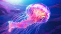 Jellyfish dansing in the dark blue ocean water. Glowing jellyfish swim deep in blue sea