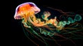 Jellyfish dansing in the dark blue ocean water. Glowing jellyfish swim deep in blue sea