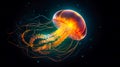 Jellyfish dansing in the dark blue ocean water. Glowing jellyfish swim deep in blue sea