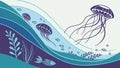 Jellyfish with Deep Blue Abstract Wave Pattern, vector design Generative AI Royalty Free Stock Photo