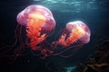 Jellyfish in the deep blue sea. 3D rendering, Two jellyfishes swimming in the water. 3d rendering, AI Generated Royalty Free Stock Photo