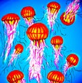 Jellyfish drawing with acrylic paints. Flock of jellyfishes flying in the sky.figure, picture, example.