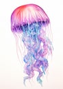 A jellyfish drawing in red, purple, and magenta pencil with blue