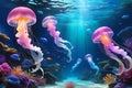 Jellyfish - Ethereal and Aglow, Gracefully Navigating the Serene Underwater Landscape of a Modern Slee