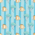 Jellyfish and fish seamless pattern on blue stripes Royalty Free Stock Photo