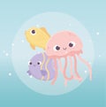 Jellyfish fishes swimming bubbles water life cartoon under the sea Royalty Free Stock Photo