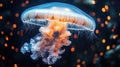 A jellyfish floating in the water with bright lights, dark background Royalty Free Stock Photo