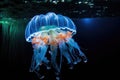 jellyfish glowing with bioluminescence in deep sea