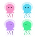 Jellyfish icon set. Cute cartoon kawaii funny baby character. Pink green blue purple color. Smiling face. Sea ocean animal. Kids Royalty Free Stock Photo