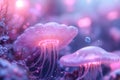 Jellyfish-like flowers bloom in a dreamlike underwater environment, illuminated by soft glowing light and surrounded by Royalty Free Stock Photo