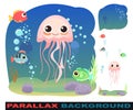 Jellyfish Little landscape. Set parallax effect. Underwater life. Wild animals. Ocean, sea. Summer water. Isolated on Royalty Free Stock Photo