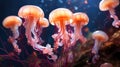 Jellyfish with long and pink tentacles. Generative AI. Royalty Free Stock Photo
