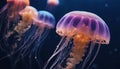 Jellyfish. A lot of colorful neon jellyfish underwater. Marine life. AI generated Royalty Free Stock Photo