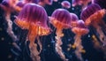 Jellyfish. A lot of colorful neon jellyfish underwater. Marine life. Selective focus. AI generated Royalty Free Stock Photo