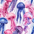 Jellyfish. Marine background. watercolor illustration. Seamless pattern Royalty Free Stock Photo