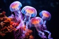 Jellyfish in neon light at the bottom of the ocean, sea. Beautiful background with neon jellyfish. Generated by Royalty Free Stock Photo