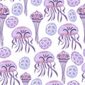 Jellyfish ocean animals flat design seamless pattern Royalty Free Stock Photo