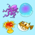 Jellyfish, octopus, fish hedgehog and yellow coral