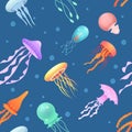 Jellyfish pattern. Underwater medusa colored beautiful ocean animals vector seamless background