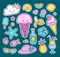 Jellyfish, pineapple, cocktail, sea shell, tropical flowers, sun, happy cloud, fish, ice cream, banana and sunglasses. Royalty Free Stock Photo