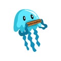 Jellyfish playing on the harmonica, cute musician sea creature cartoon character with musical instrument vector