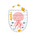 Jellyfish in pocket. Cute cartoon pink jellyfish, fish, corals, seaweeds. Underwater life picture book concept Royalty Free Stock Photo