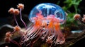 Jellyfish with a purple body and blue tentacles is swimming in the water with a blue background and a blue sky