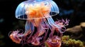 Jellyfish with a purple body and blue tentacles is swimming in the water with a blue background and a blue sky