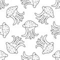 Jellyfish seamless pattern. vector pattern of a hand-drawn jellyfish with short tentacles and dots, isolated black outline