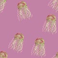 Jellyfish seamless watercolor on pink background. Marine style. Wildlife. Watercolor illustration. Blue, turquoise, purple Royalty Free Stock Photo