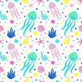 Jellyfish, shells, starfish, and algae vector seamless pattern. Sea animal seamless texture. Textiles, wrapping paper, wallpaper Royalty Free Stock Photo