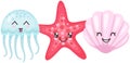Jellyfish, starfish, shell toy set. Big eyes smiling face. Cute cartoon kawaii funny baby character Royalty Free Stock Photo