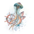 A jellyfish with a steering wheel and seashells. Watercolor illustration. Composition on a white background with spots
