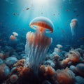 Jellyfish swimming in the deep blue sea. Generated AI Royalty Free Stock Photo