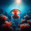 Jellyfish swimming in the deep blue sea. Generated AI Royalty Free Stock Photo