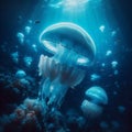 Jellyfish swimming in the deep blue sea. Generated AI Royalty Free Stock Photo