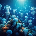 Jellyfish swimming in the deep blue sea. Generated AI Royalty Free Stock Photo