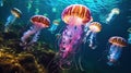 Jellyfish swimming in the deep ocean. Colorful jellyfishes. Generative AI Royalty Free Stock Photo