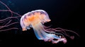 A jellyfish is swimming in the ocean with its tentacles, AI