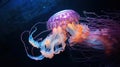 A jellyfish is swimming in the ocean with purple and orange tentacles, AI