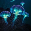 Jellyfish swimming in the sea. 3D rendering. Underwater world.