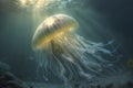 A jellyfish is swimming under water with the light shining on it