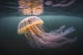 A jellyfish is swimming under water with the light shining on it