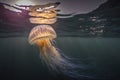 A jellyfish is swimming under water with the light shining on it