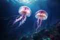 Jellyfish swimming underwater in the deep blue ocean. Underwater world, Two jellyfishes swimming in the water. 3d rendering, AI Royalty Free Stock Photo