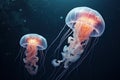 Jellyfish swimming in water. 3D rendering with DOF, Two jellyfishes swimming in the water. 3d rendering, AI Generated Royalty Free Stock Photo