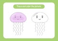 Jellyfish. Trace and color the picture. Educational game for children. Handwriting and drawing practice. Nature theme activity for Royalty Free Stock Photo