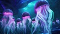 Jellyfish underwater background. Glowing Transparent jelly fish swim deep in blue sea. Realistic Medusa neon fantasy