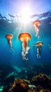 Jellyfish Underwater with Sunbeam Rays Ocean Scene Royalty Free Stock Photo