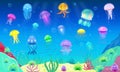 Jellyfish vector ocean jelly-fish or sea-jelly and underwater nettle-fish or medusae illustration set of exotic